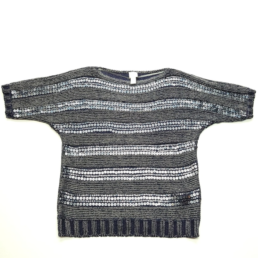Chicos Sweater Women‎ 2 L Navy Blue Metallic Knit Sequin Short Sleeve Pullover
